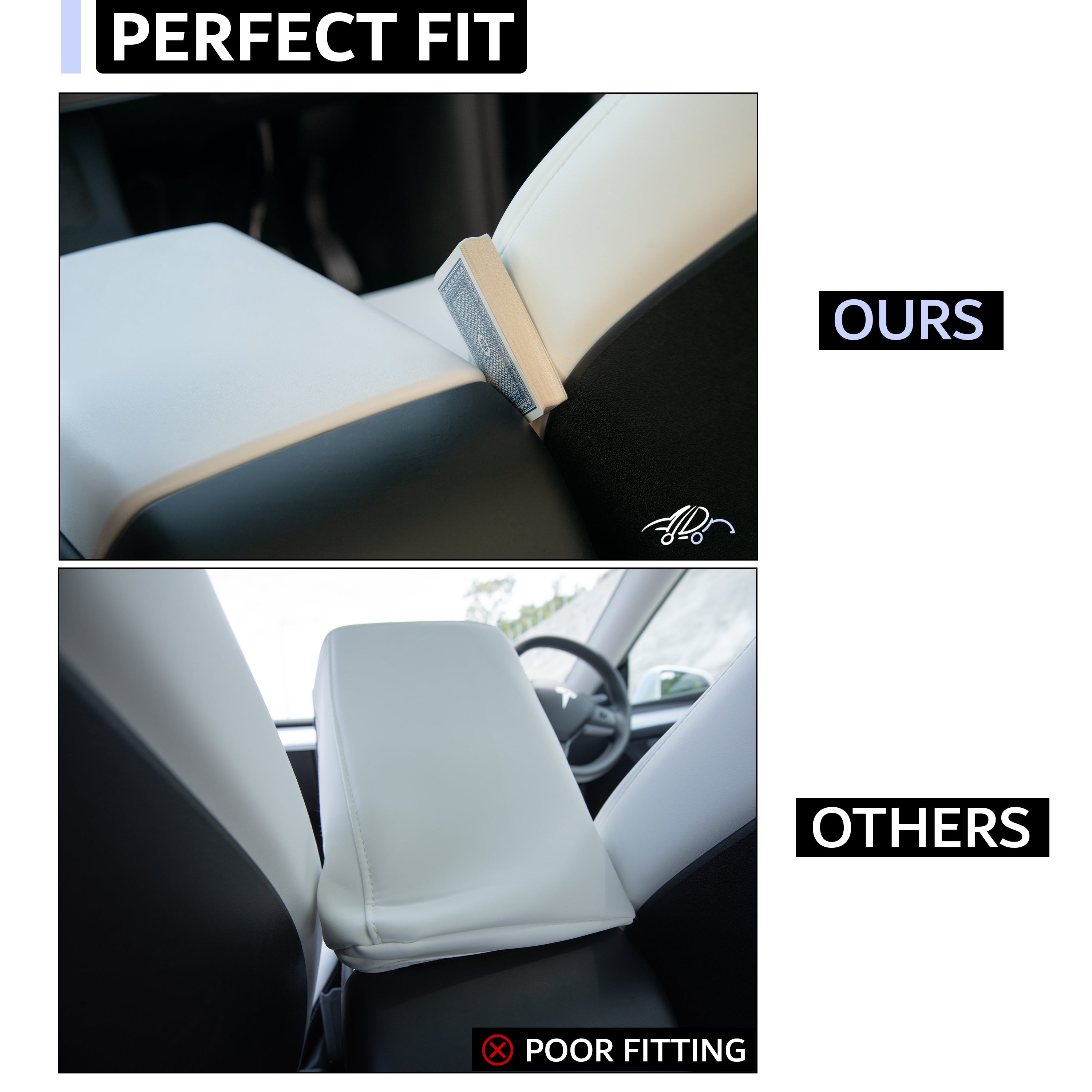 Add On Design - Tesla center console armrest protector fit comparison, perfect fit vs poor fitting