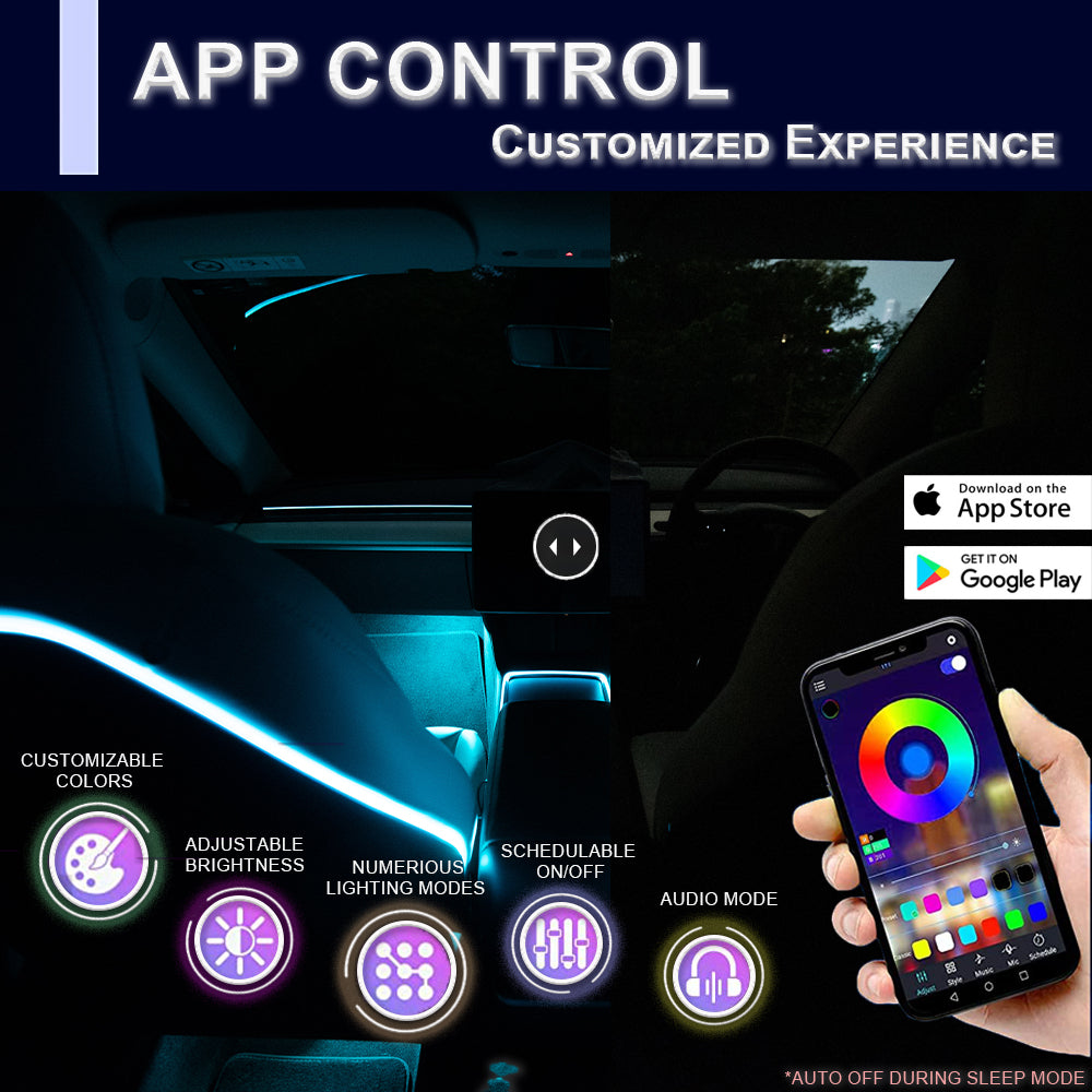 Add On Design - Car interior RGB LED kit with customizable colors, app control, and lighting modes.
