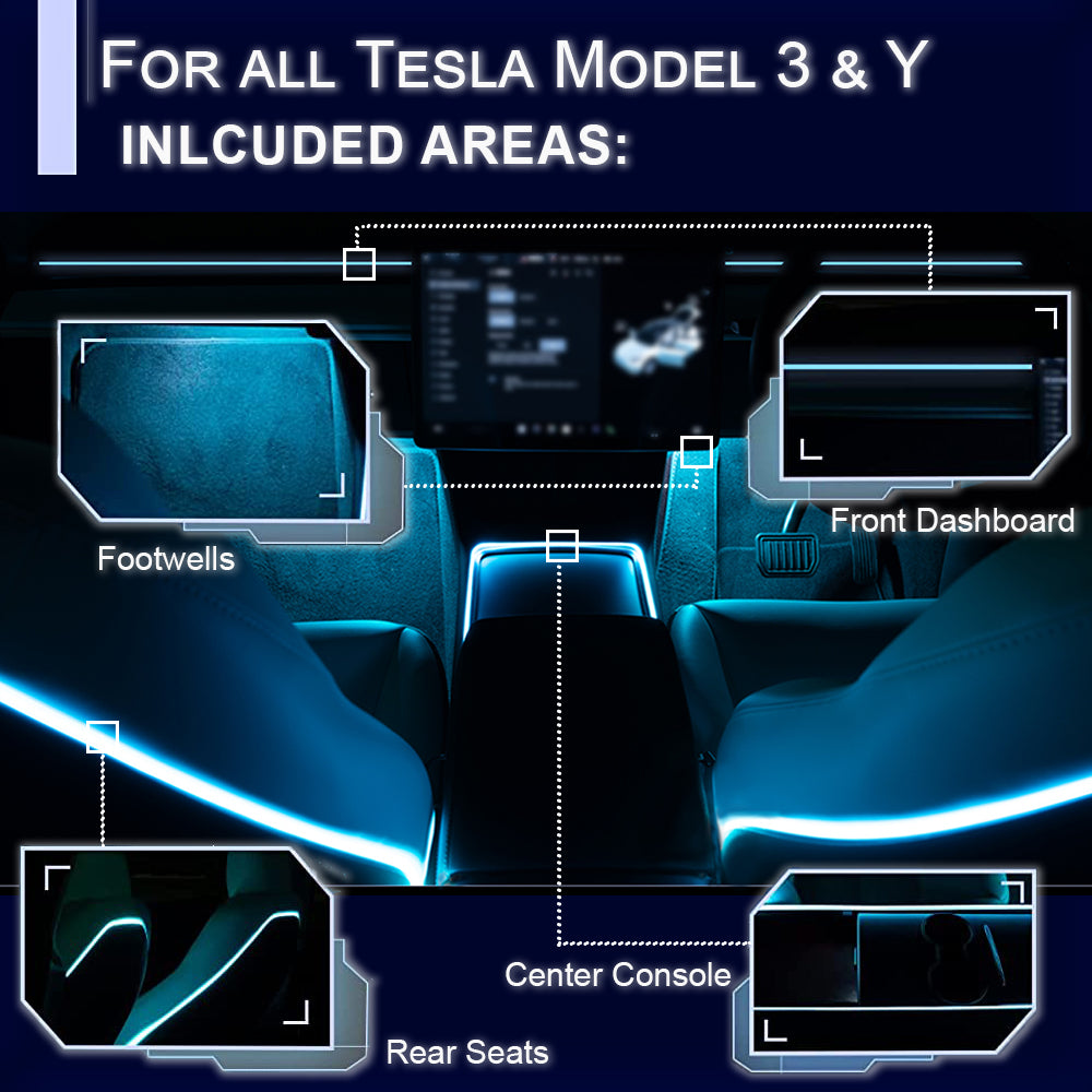 Add On Design - Tesla Model 3 Y RGB LED kit lighting footwells, dashboard, seats, center console.